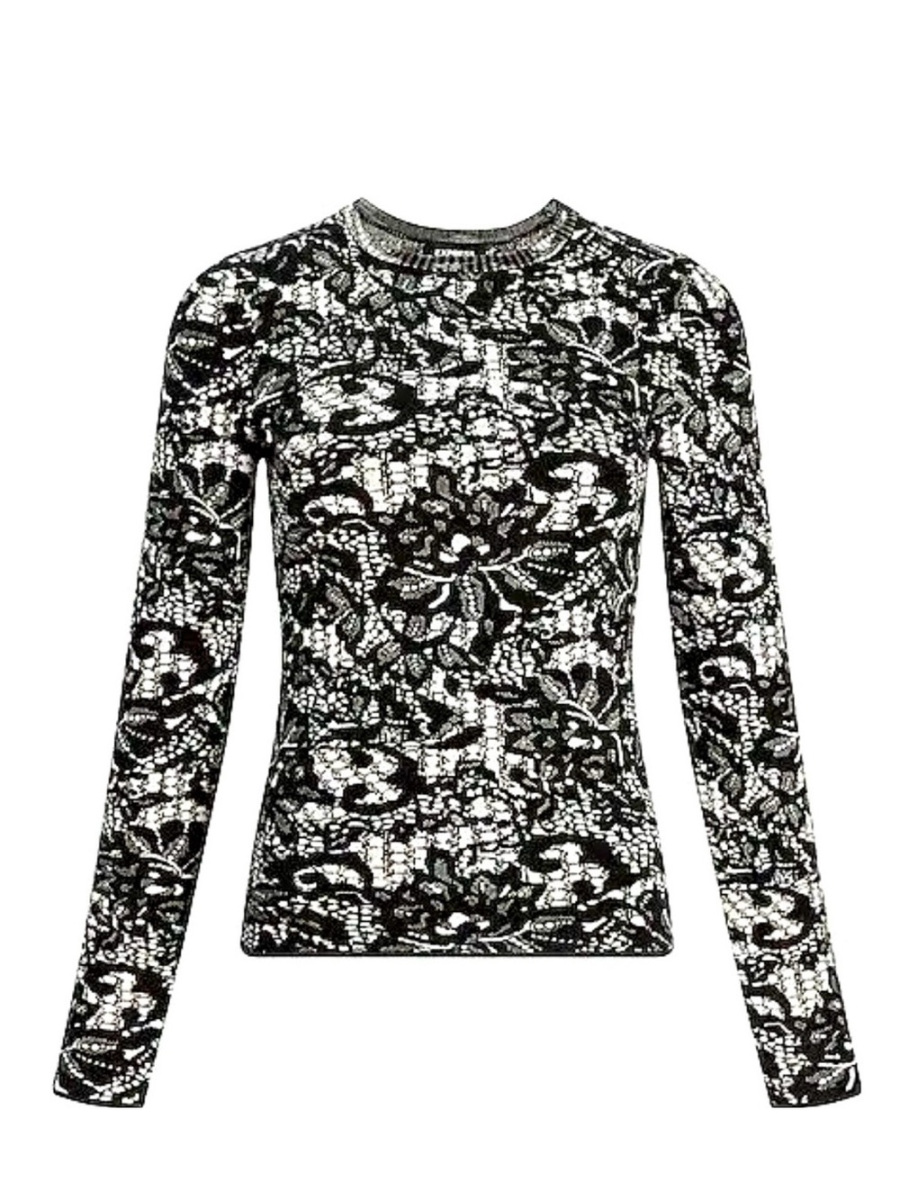 Express Black & White Lace-Print Long Sleeve Sweater, M